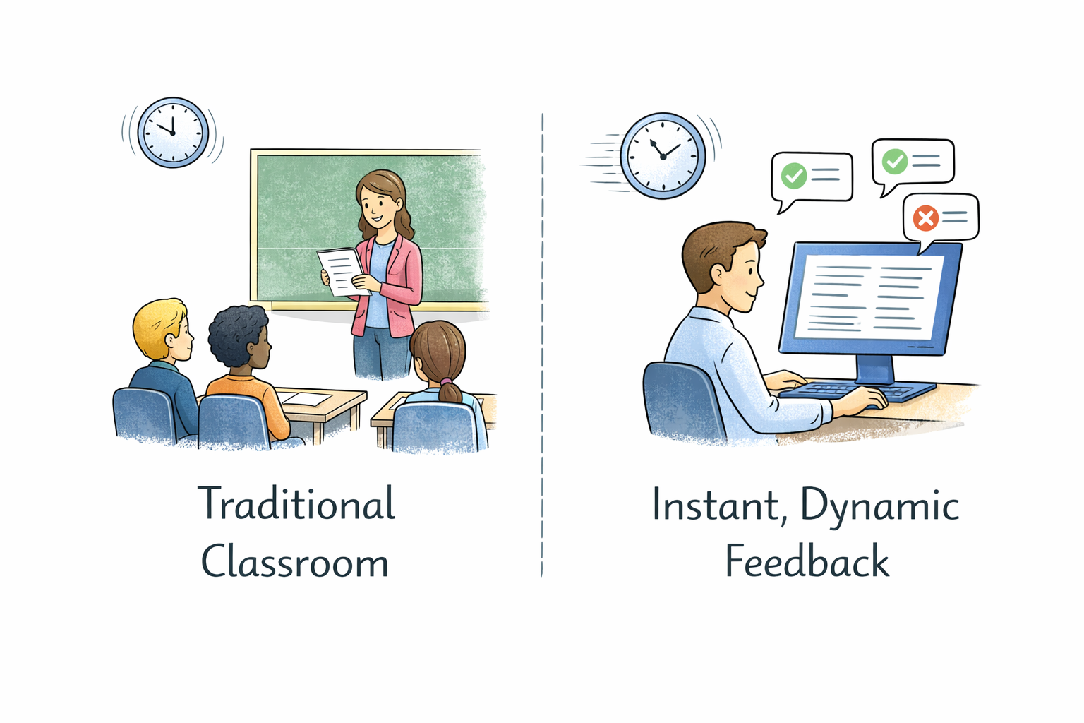 A conceptual illustration showing a traditional classroom setting on one side, with a slow-moving clock, and a professional at a computer with instant, dynamic feedback on the other, with a fast-moving clock.